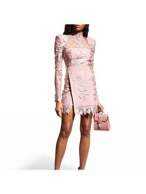 NWT Zhivago Angelus Lace Floral Long Sleeve Cocktail Dress Blush Pink Womens 8